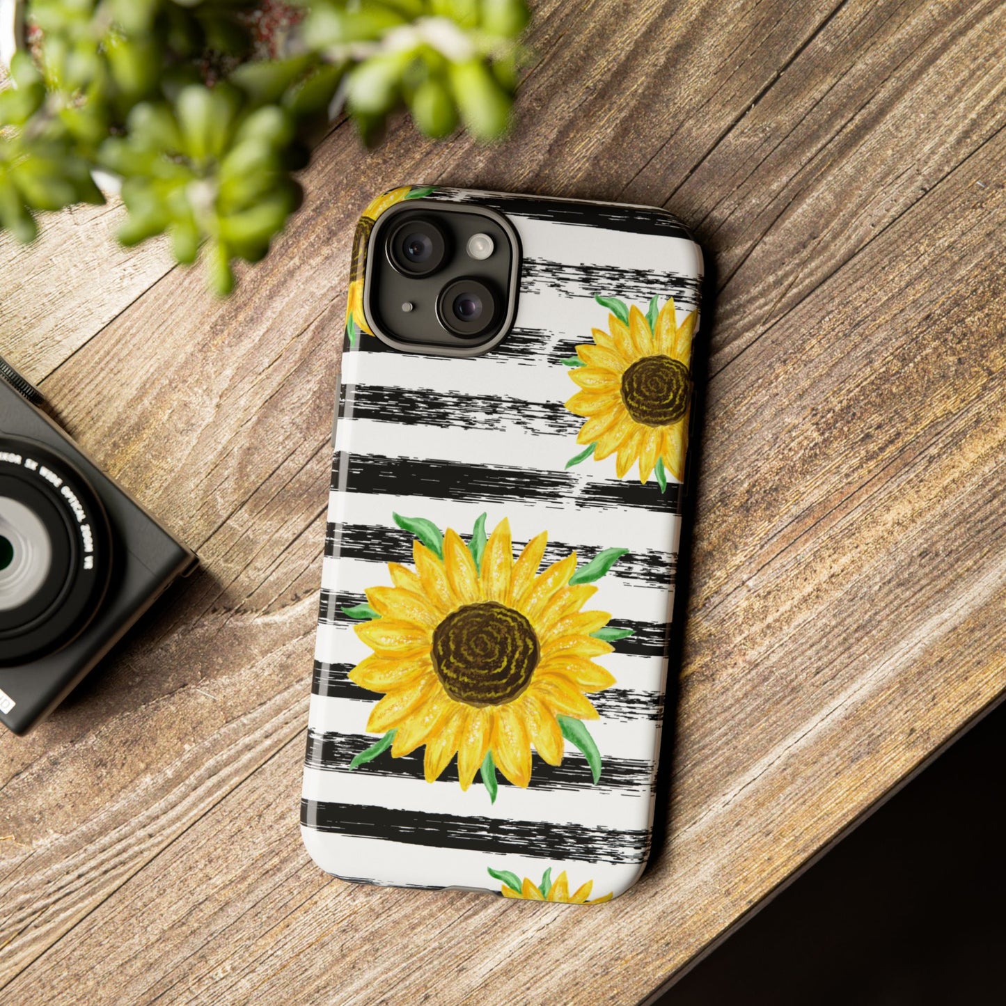Sunflower Tough Phone Case - Bright Yellow Floral Art, Black and White Striped Aesthetic, Compatible with iPhone, Galaxy, and Google Phones