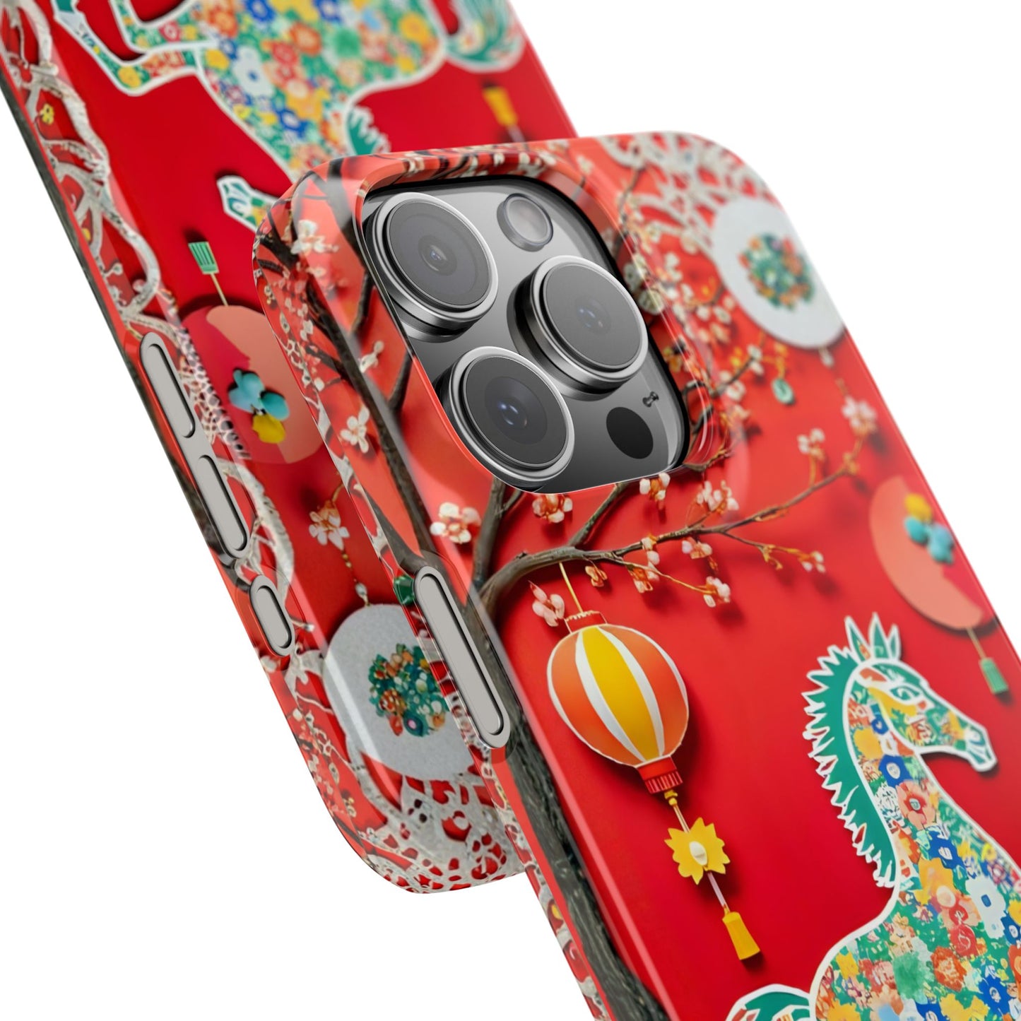 Year of the Horse Slim Phone Case, Flower Art Chinese Zodiac 2026 Design, compatible with iPhone 17 16 15 14 13 12 11