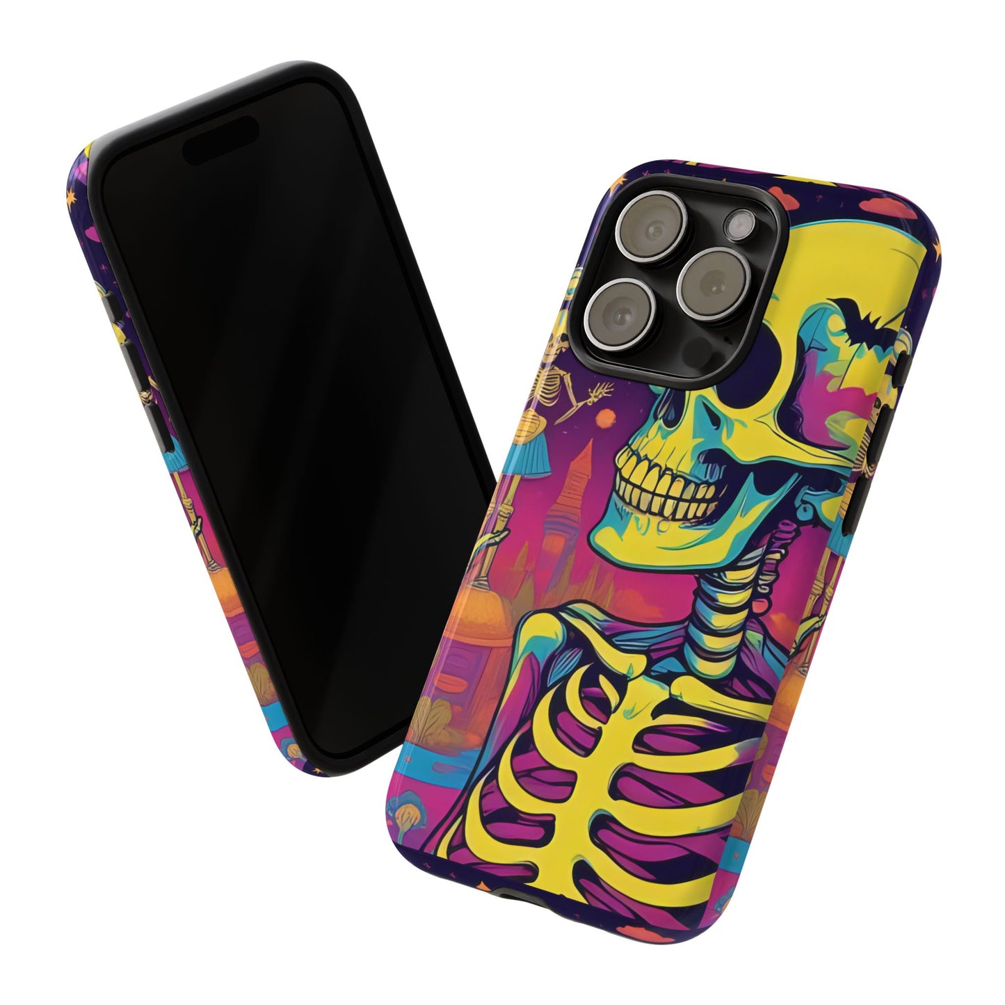Summerween Neon Skeleton Phone Case, Retro Halloween Aesthetic Phone Cover, Bright Spooky Skull Case, Psychedelic Goth Fall Accessory