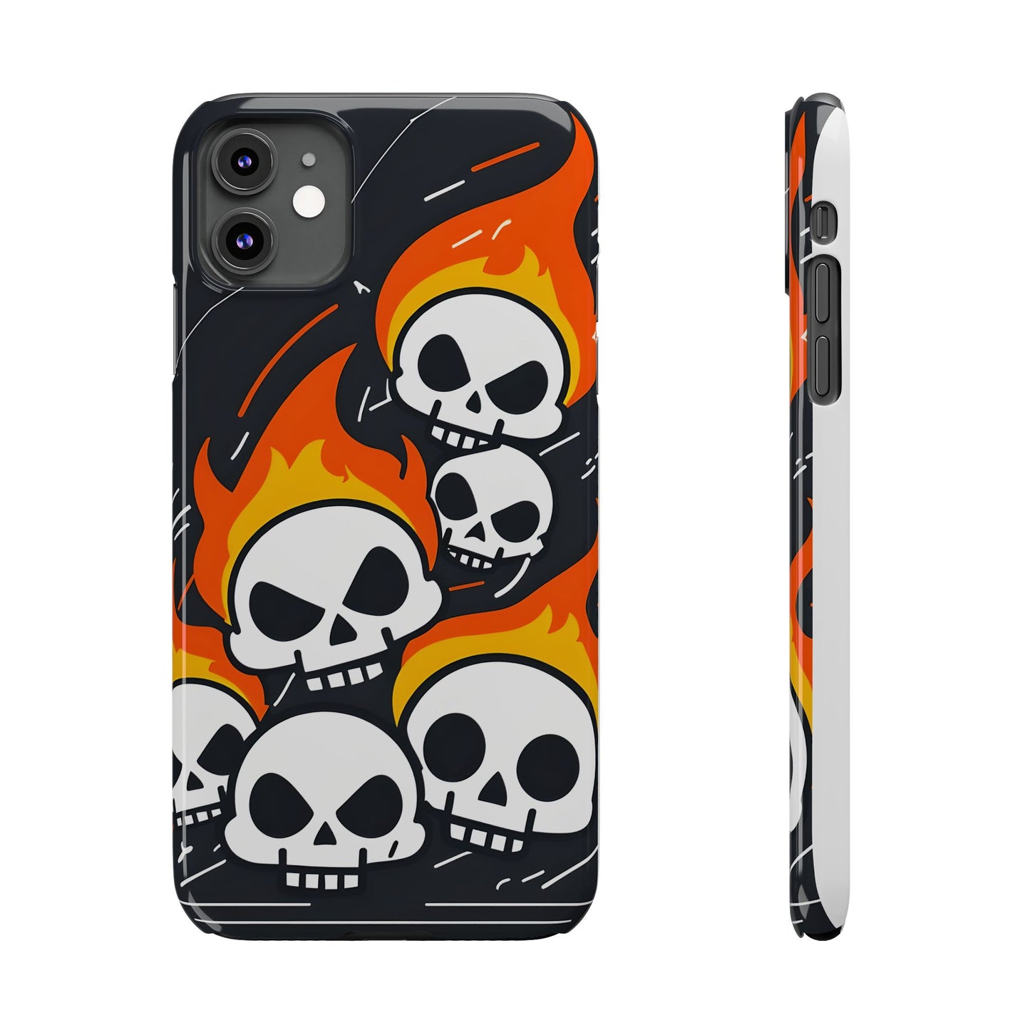 Flaming Skulls Slim Phone Case, Y2K Alt Halloween Aesthetic, Creepy Cute Cartoon Style, Stylish Music Lovers, Perfect Gift for Halloween