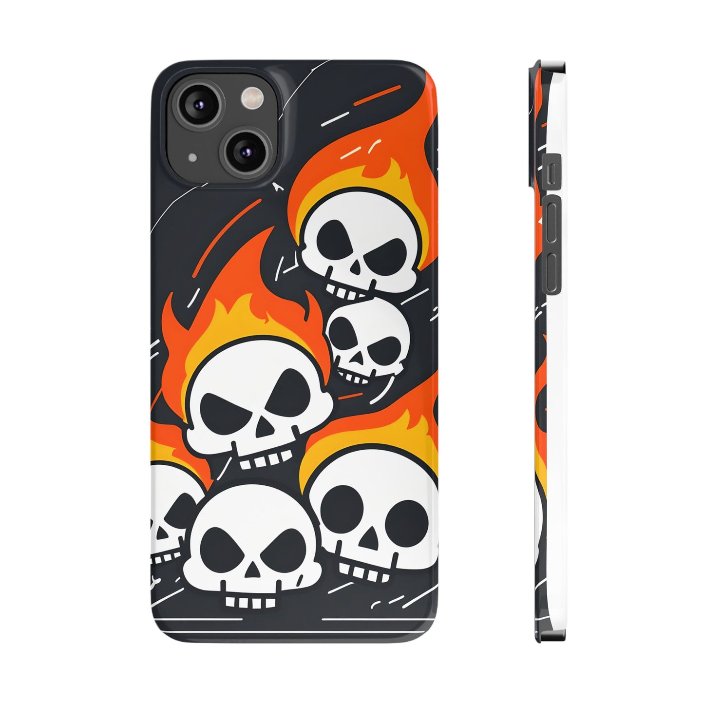 Flaming Skulls Slim Phone Case, Y2K Alt Halloween Aesthetic, Creepy Cute Cartoon Style, Stylish Music Lovers, Perfect Gift for Halloween