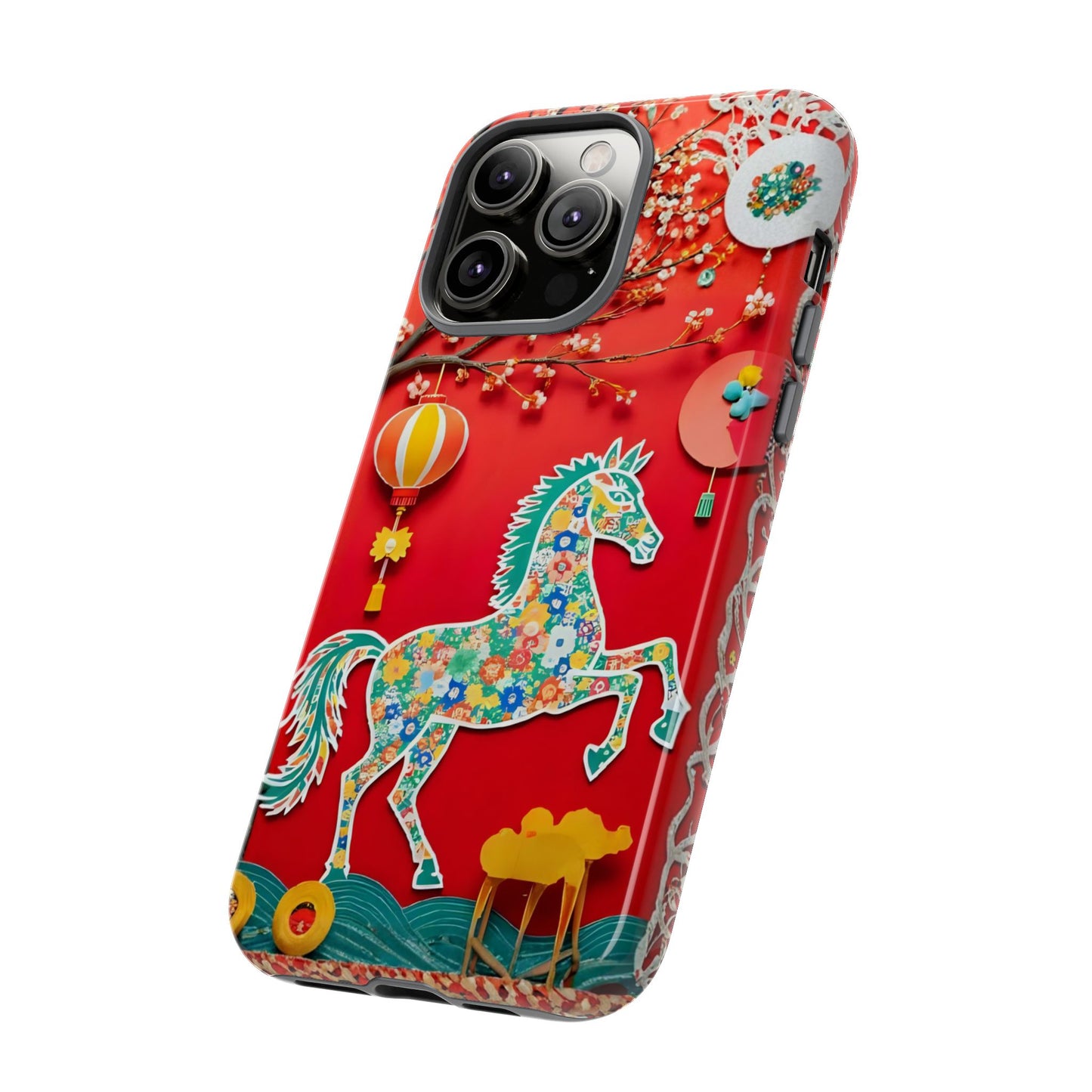 Year of the Horse Floral Art Tough Phone Case, Chinese Zodiac 2026 Design, compatible with iPhone 17 16 15 14 13 Galaxy Google