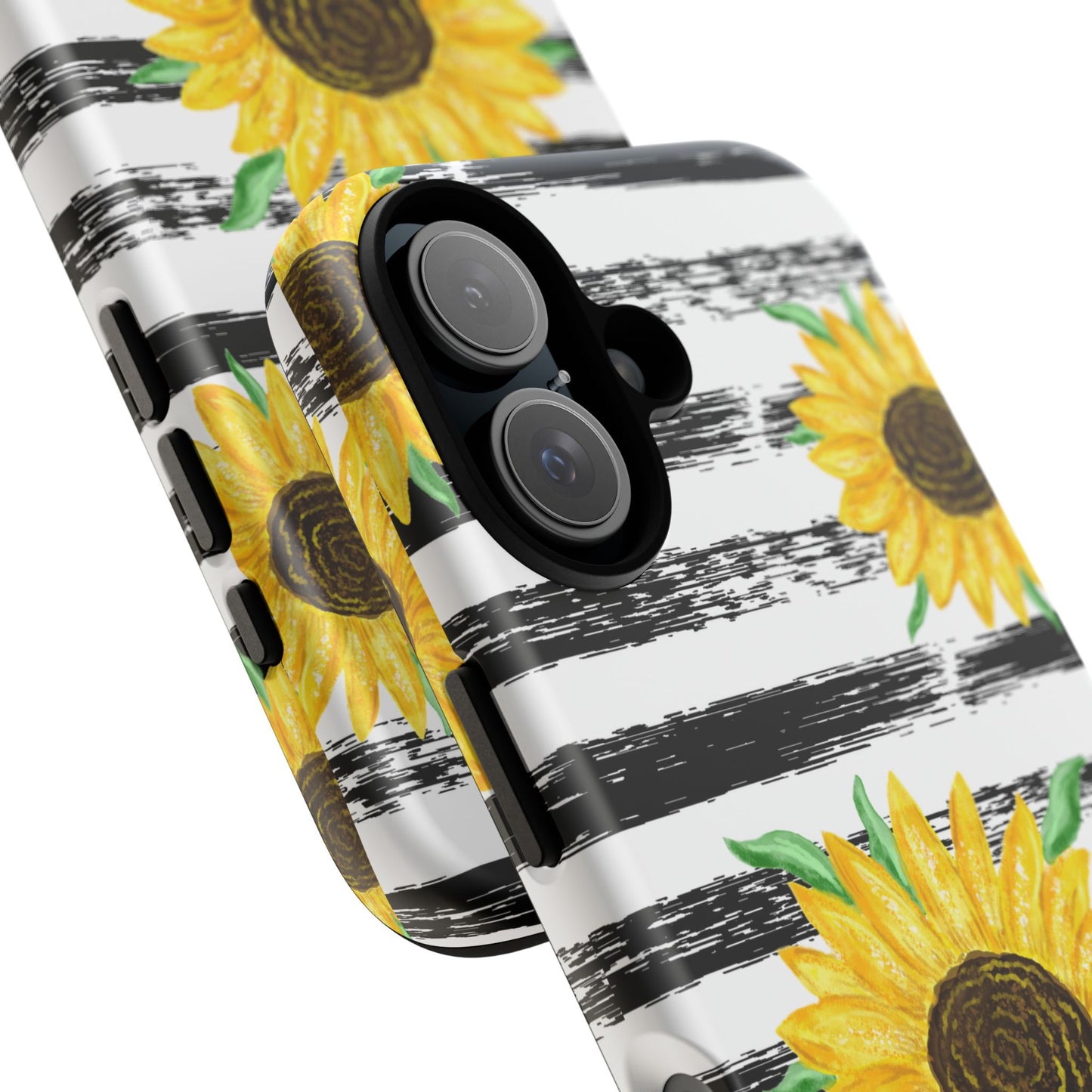 Sunflower Tough Phone Case - Bright Yellow Floral Art, Black and White Striped Aesthetic, Compatible with iPhone, Galaxy, and Google Phones