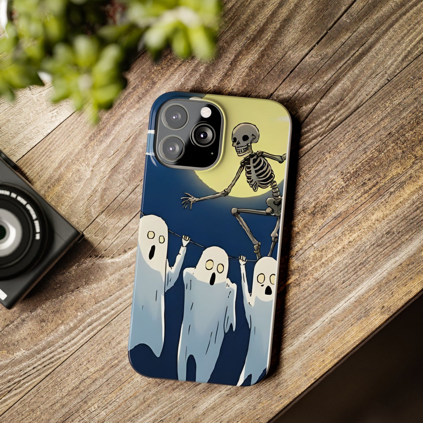 Jumping Skeleton Slim Phone Case - Halloween Aesthetic, Creepy Cute Ghost Cartoon Style, Compatible with iPhone, Galaxy, and Google Phones