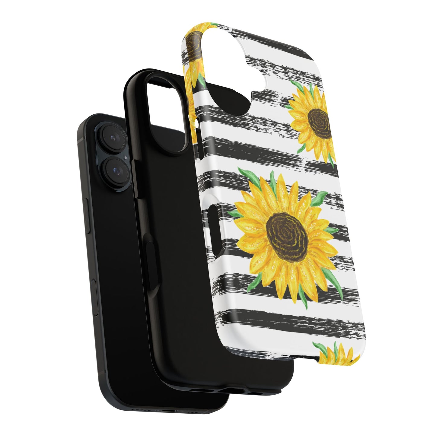 Sunflower Tough Phone Case - Bright Yellow Floral Art, Black and White Striped Aesthetic, Compatible with iPhone, Galaxy, and Google Phones