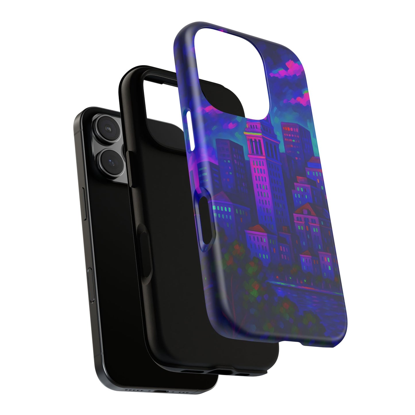 Boston Cityscape Tough Phone Case, Neon Night Skyline, Sunset Tower View Watercolor Urban Art, Compatible with iPhone, Galaxy, Google Phones