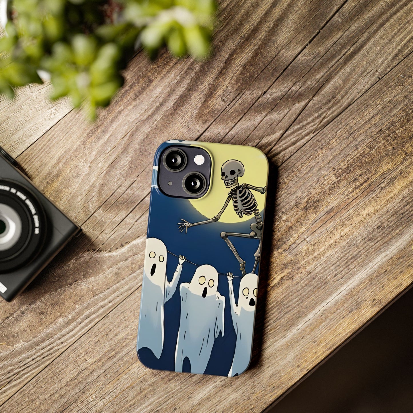 Jumping Skeleton Slim Phone Case - Halloween Aesthetic, Creepy Cute Ghost Cartoon Style, Compatible with iPhone, Galaxy, and Google Phones
