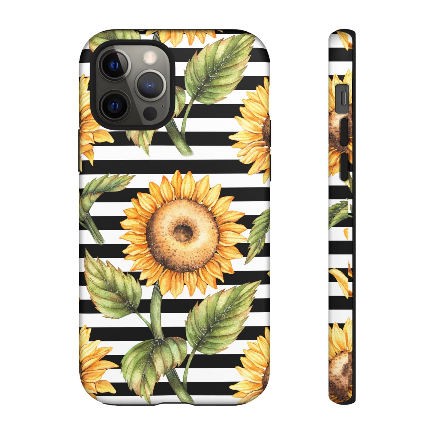 Sunflower Tough Phone Case - Bold Yellow Floral Art, Black and White Striped Aesthetic, Compatible with iPhone, Galaxy, and Google Phones