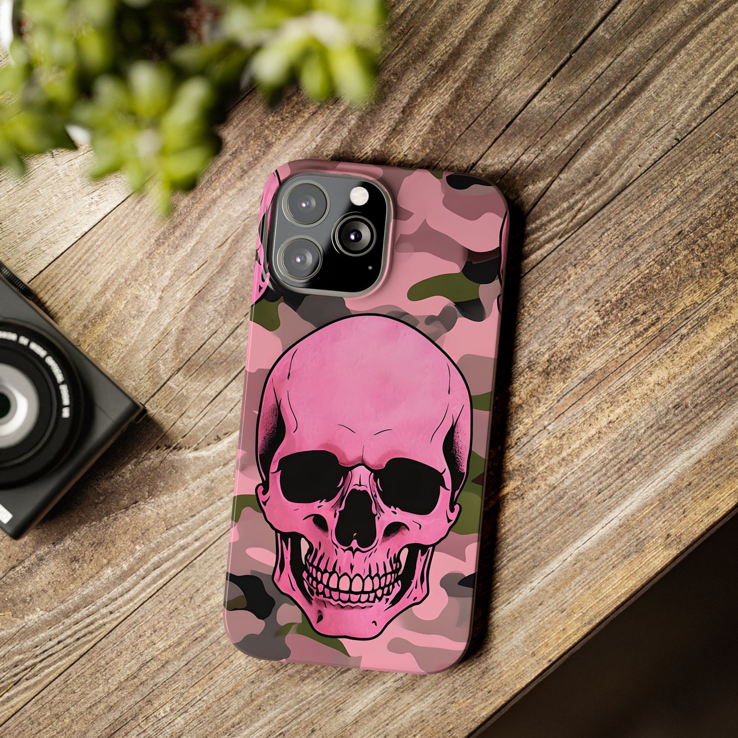 Pink Camo Skull Phone Case, Slim Case for iPhone, Edgy Phone Accessory, Unique Gift for Her, Trendy Tech Lover