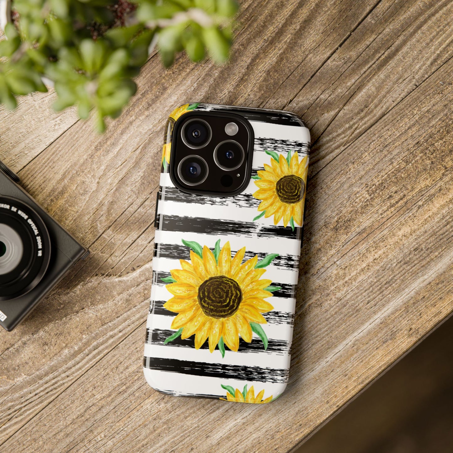Sunflower Tough Phone Case - Bright Yellow Floral Art, Black and White Striped Aesthetic, Compatible with iPhone, Galaxy, and Google Phones