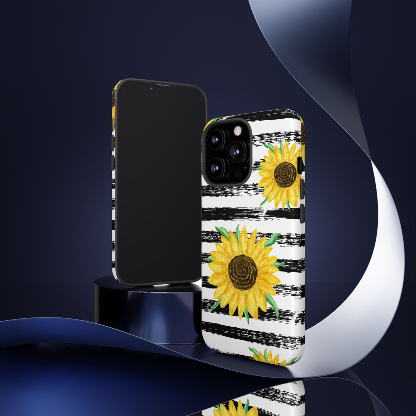Sunflower Tough Phone Case - Bright Yellow Floral Art, Black and White Striped Aesthetic, Compatible with iPhone, Galaxy, and Google Phones