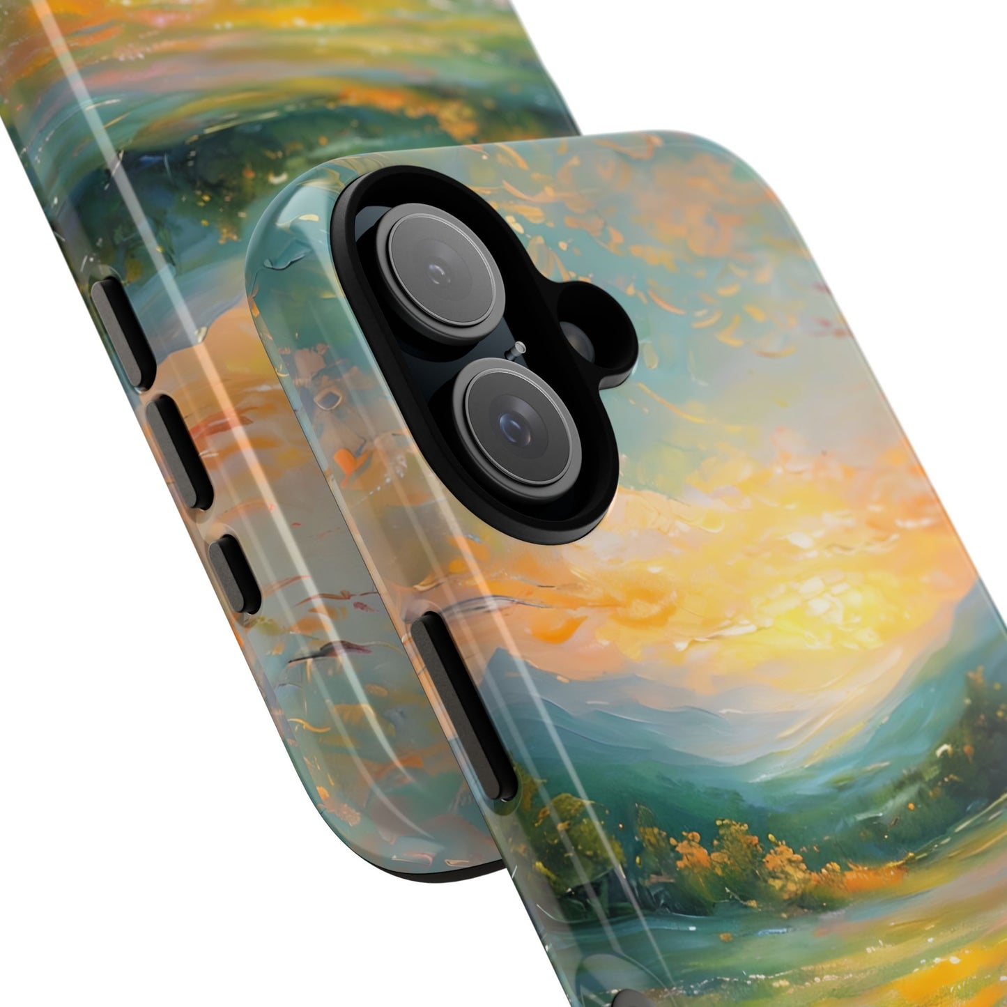 Wildflower Meadow Scenery Tough Phone Case, Oil Painting, Mountain Sunrise Compatible with iPhone 17, 16, 15, 14, 13, Galaxy, Google