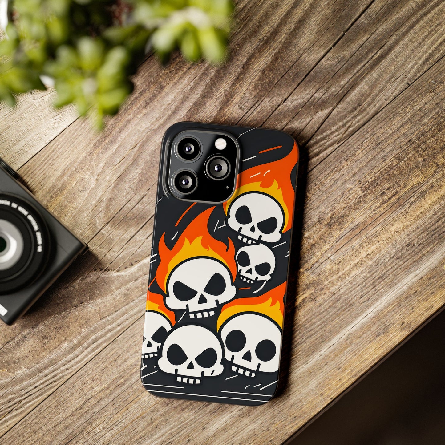 Flaming Skulls Slim Phone Case, Y2K Alt Halloween Aesthetic, Creepy Cute Cartoon Style, Stylish Music Lovers, Perfect Gift for Halloween