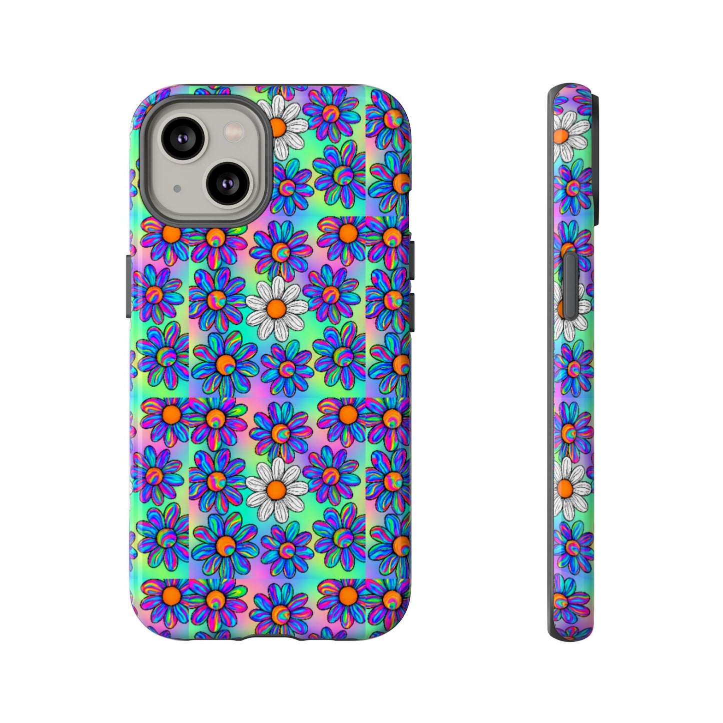 Trippy Daisy Tough Phone Case - Psychedelic Floral Aesthetic, Colorful Groovy Design, Compatible with iPhone, Galaxy, and Google Phones