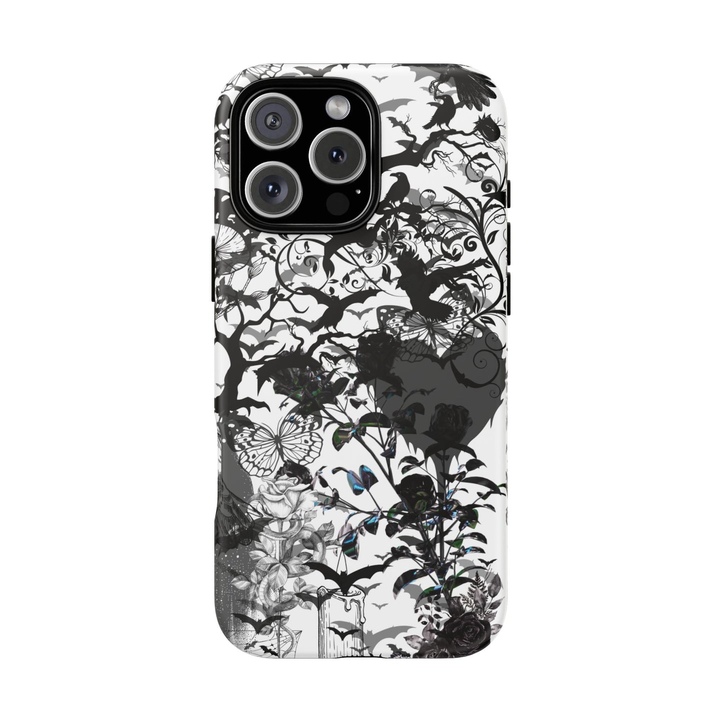 Gothic Fairycore Phone Case, Bats Raven Butterfly & Dark Floral Design Phone Cover for iPhone, Samsung, Pixel, Witchy Spooky Goth Aesthetic