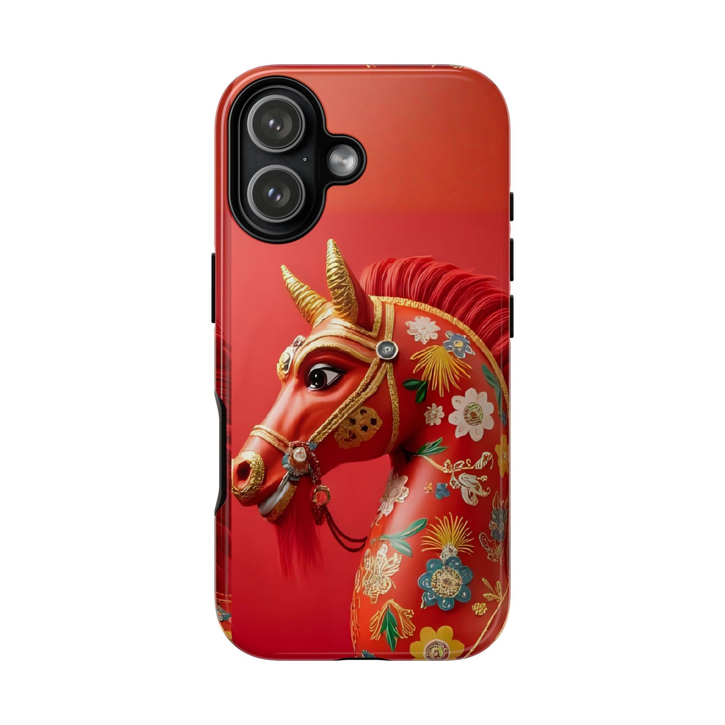 Year of the Horse Floral Art Tough Phone Case, Chinese Zodiac 2026 Design, compatible with iPhone 17 16 15 14 13 Galaxy Google