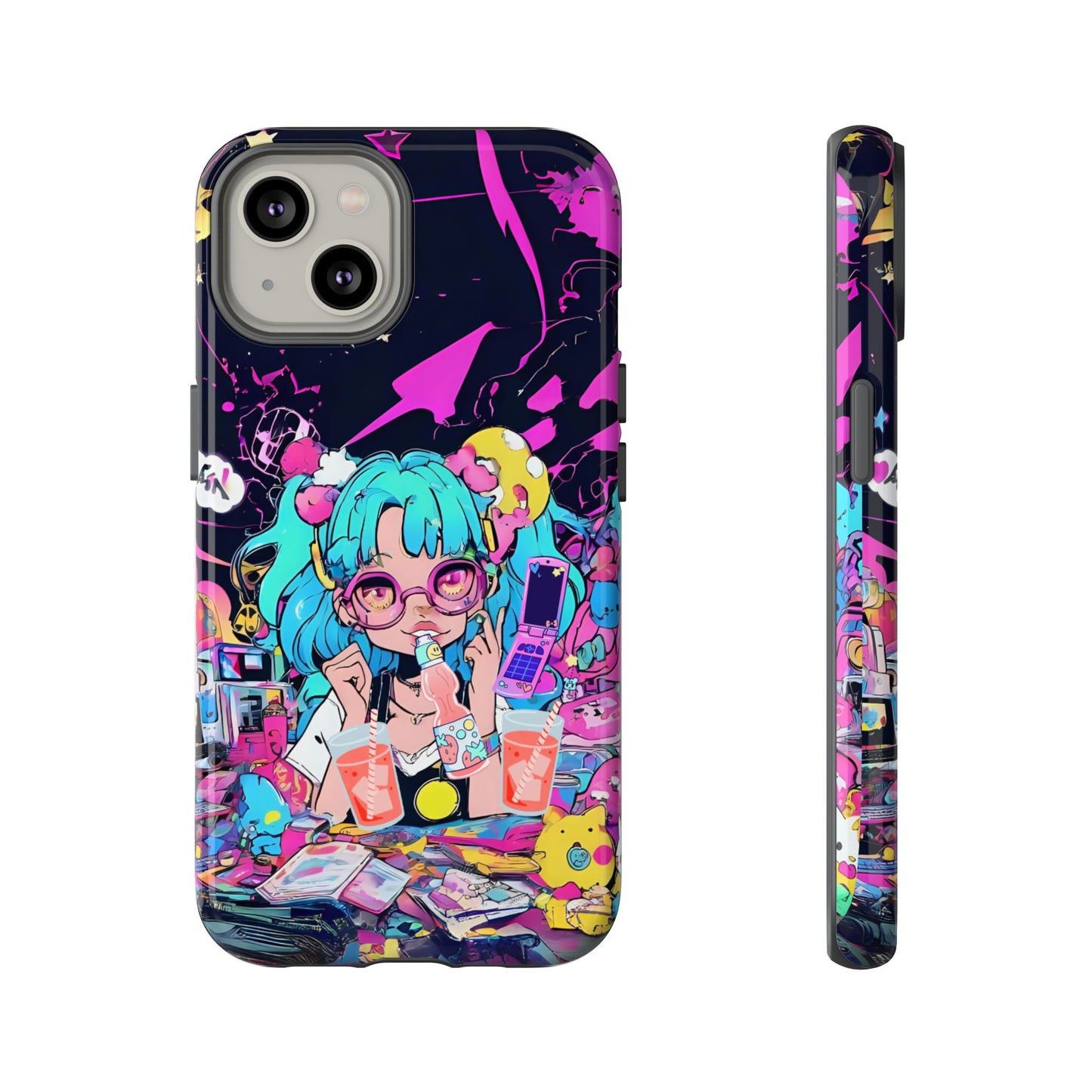 Y2K Anime Girl Tough Phone Case - Kawaii Vaporwave Style, Cute Maximalist Aesthetic, Compatible with iPhone, Galaxy, and Google Phones
