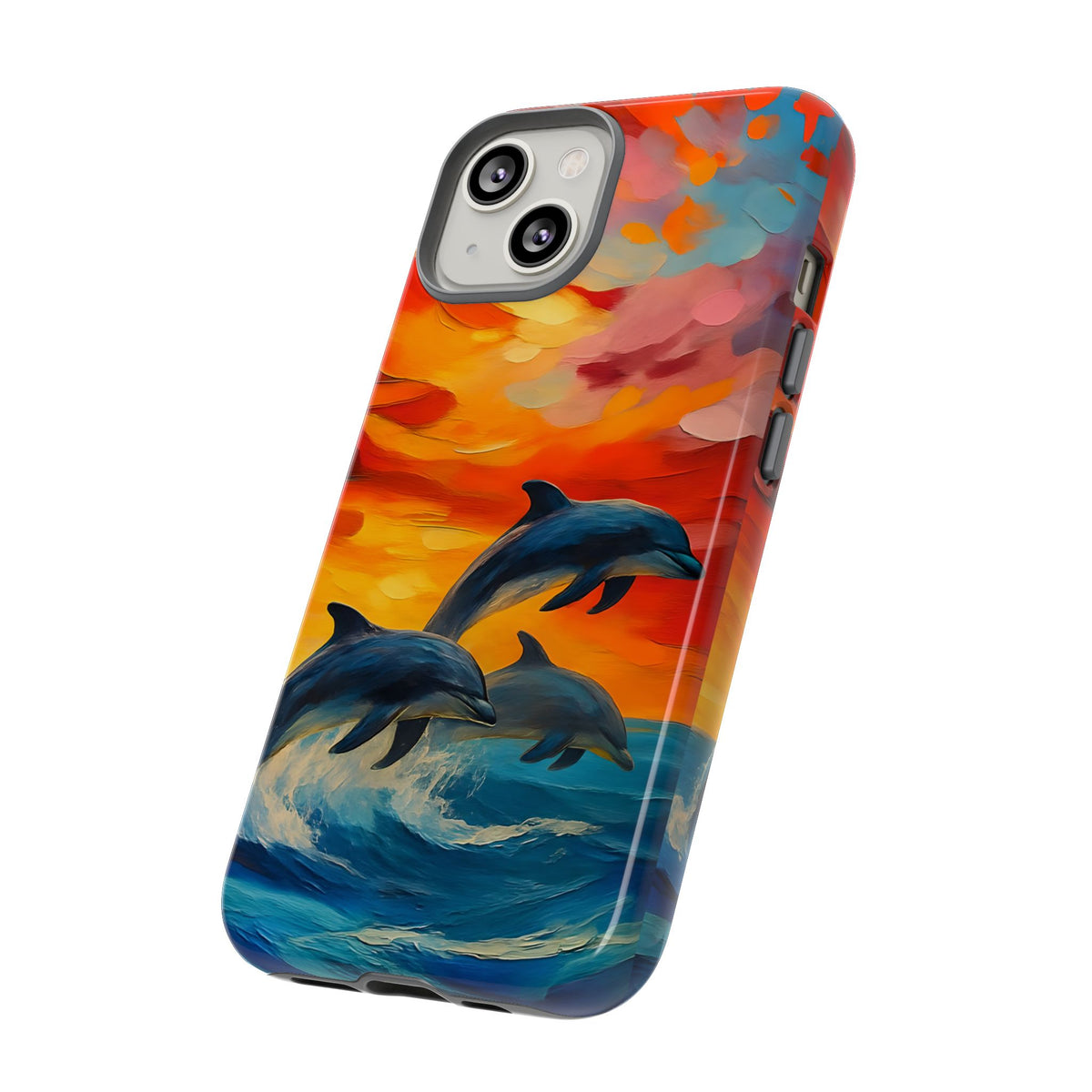 Ocean Scenery Tough Phone Case, Dolphin Phone Cover, Oil Painting, Sunset Sea Life Compatible with iPhone, Galaxy, Google