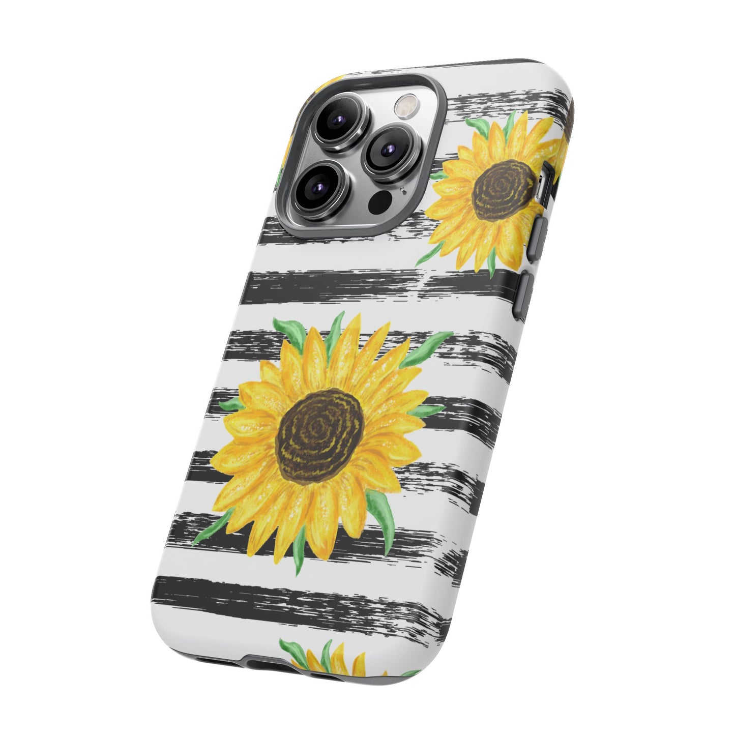 Sunflower Tough Phone Case - Bright Yellow Floral Art, Black and White Striped Aesthetic, Compatible with iPhone, Galaxy, and Google Phones