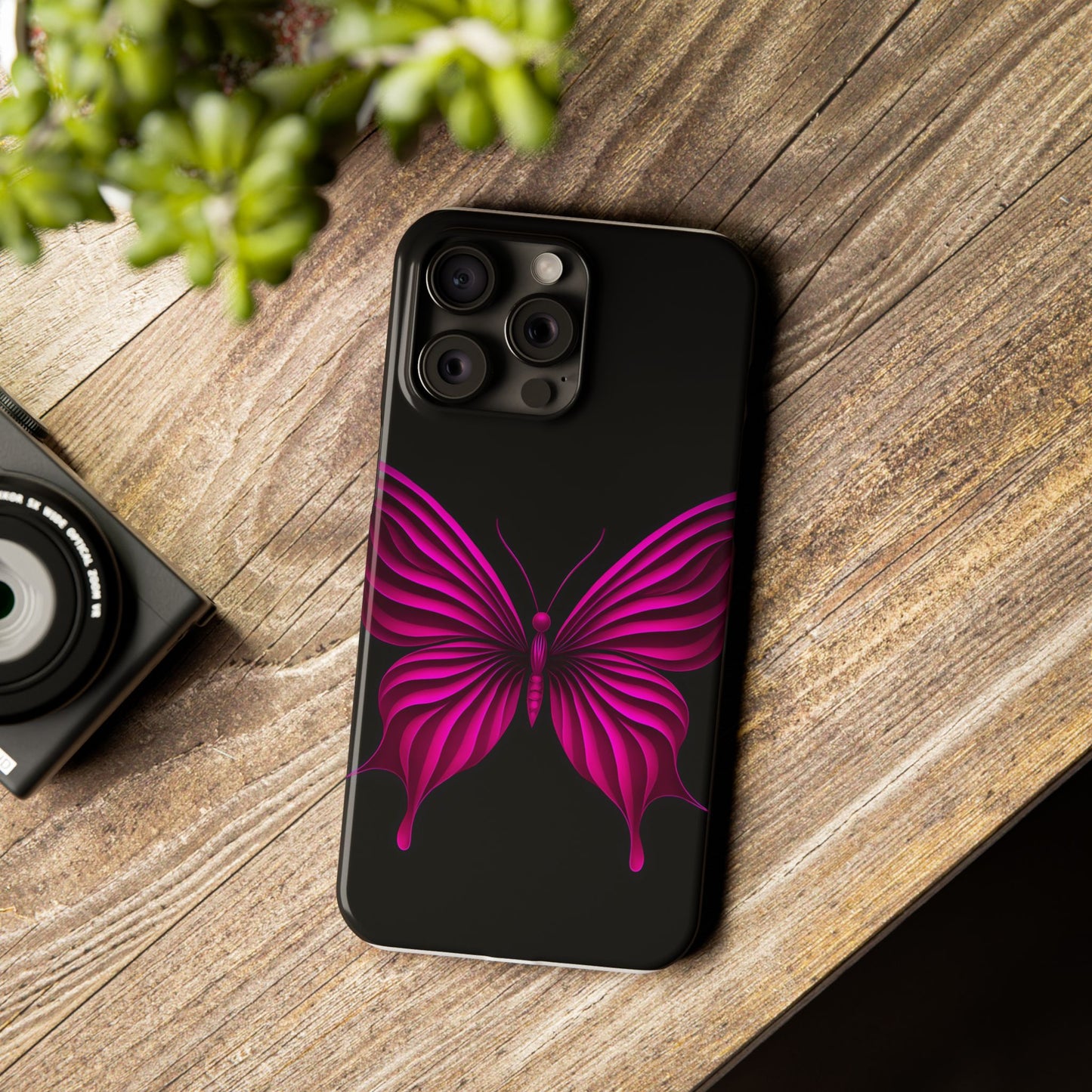 Pink Butterfly Phone Case, Elegant Insect Art, Black Aesthetic Slim Phone Case Compatible with iPhone, Galaxy, Google