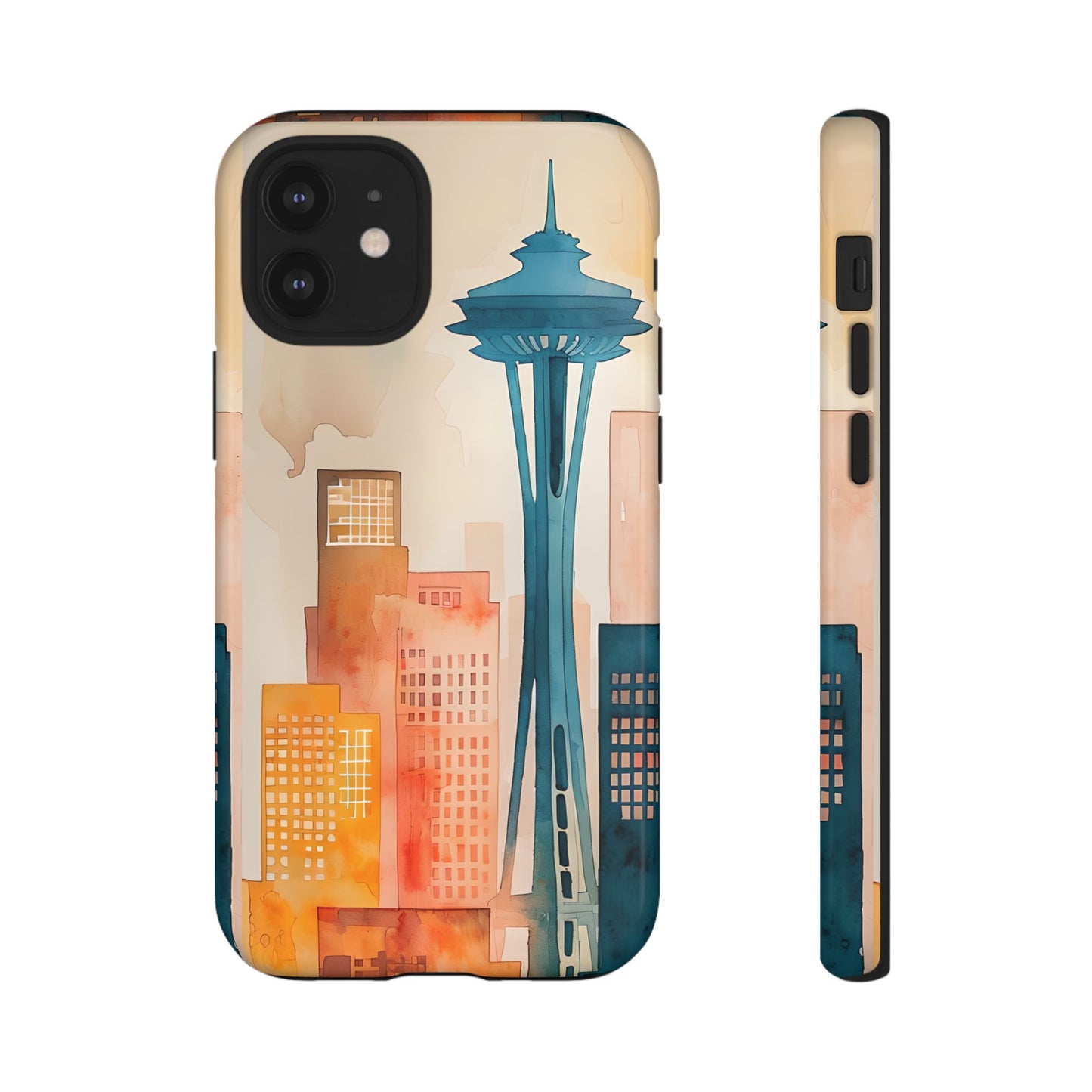 Seattle Cityscape Phone Case - Urban Skyline Art Tough Case, Watercolor City Aesthetic, Compatible with iPhone, Galaxy, Google Phones