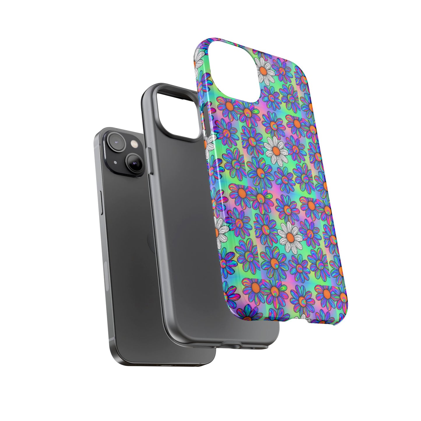 Trippy Daisy Tough Phone Case - Psychedelic Floral Aesthetic, Colorful Groovy Design, Compatible with iPhone, Galaxy, and Google Phones