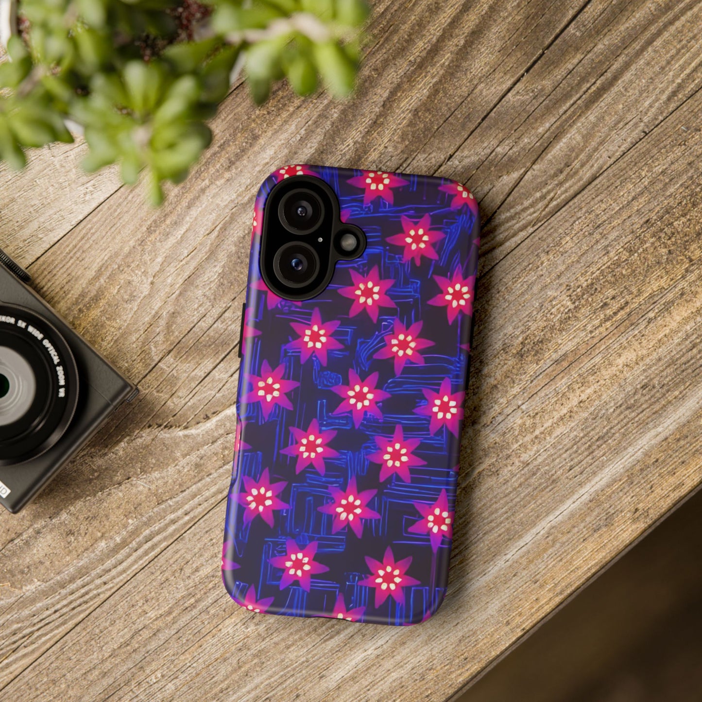 Neon Flower Tough Phone Case - Trippy Dark Floral Art, Electric Glow Aesthetic, Compatible with iPhone, Galaxy, and Google Phones