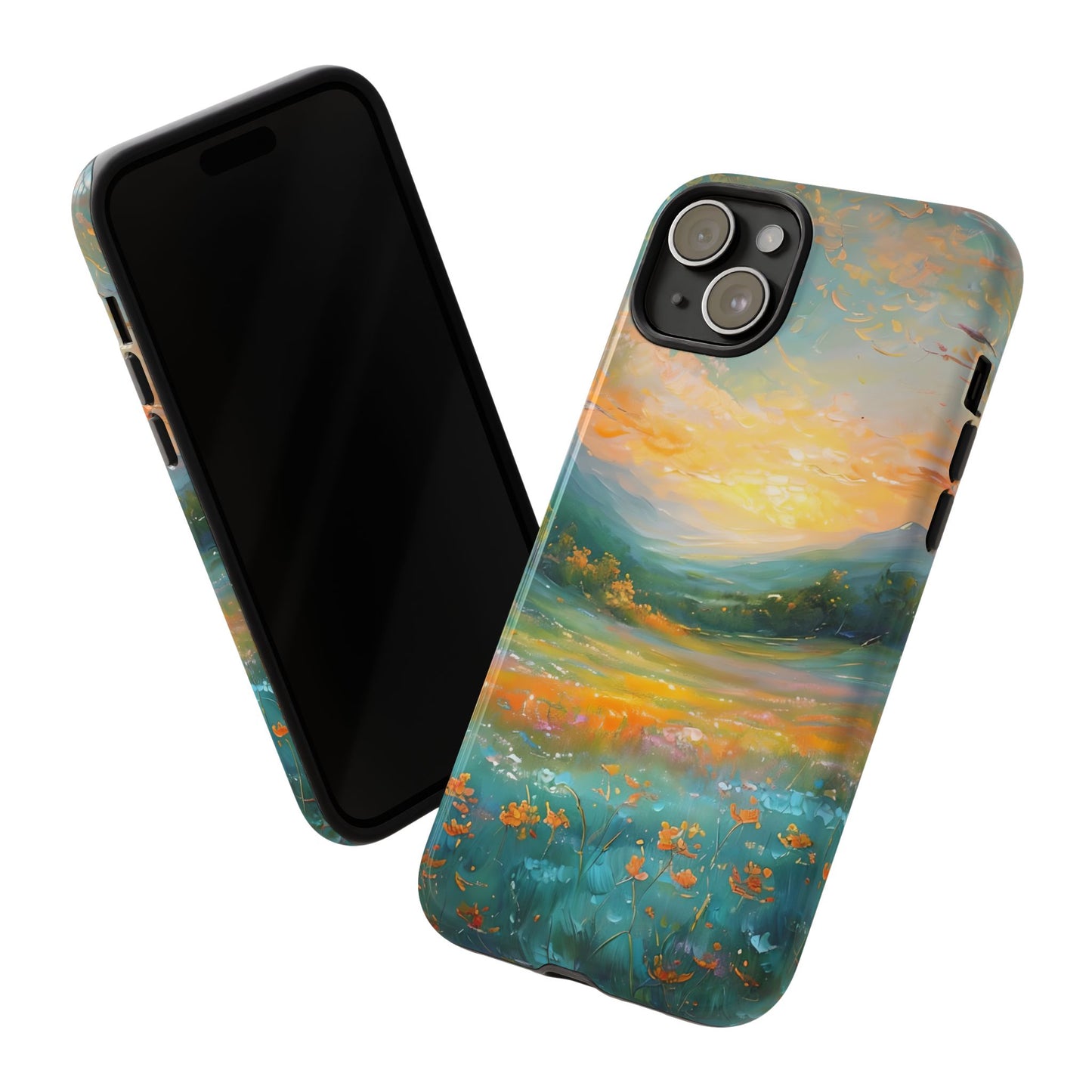Wildflower Meadow Scenery Tough Phone Case, Oil Painting, Mountain Sunrise Compatible with iPhone 17, 16, 15, 14, 13, Galaxy, Google