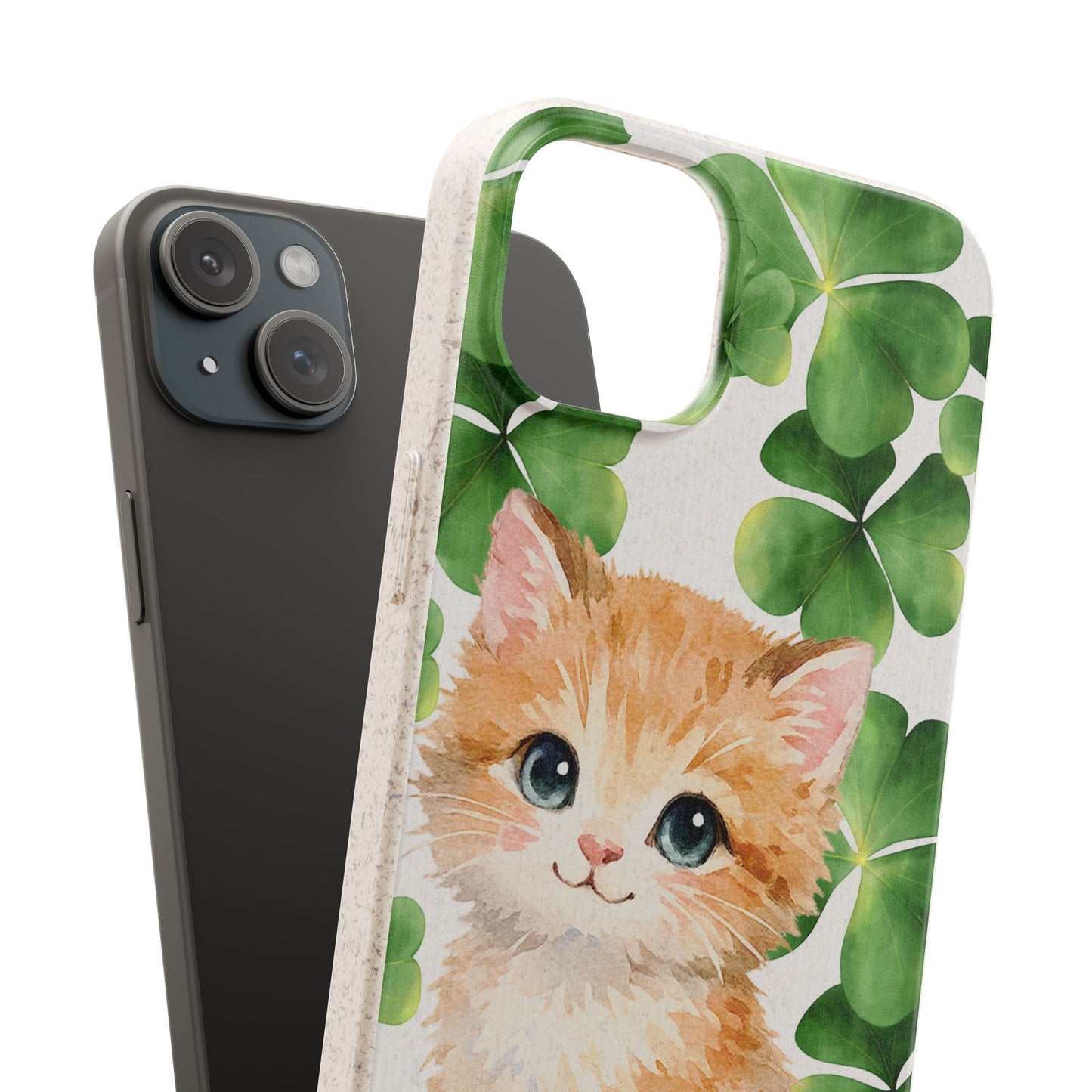 Ginger Kitten Biodegradable Phone Case, St Patricks Day Cat Art with Shamrocks, Irish Cat Gift Compatible with iPhone