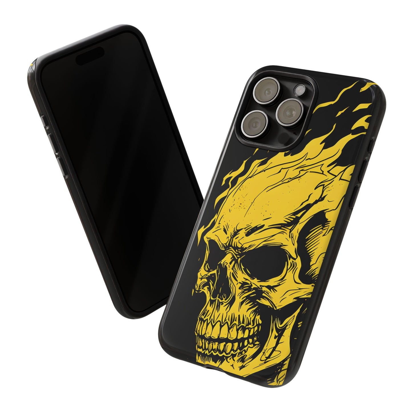 Flaming Skull Tough Phone Case - Gothic Halloween Aesthetic, Creepy Yellow Horror Art, Compatible with iPhone, Galaxy, and Google Phones