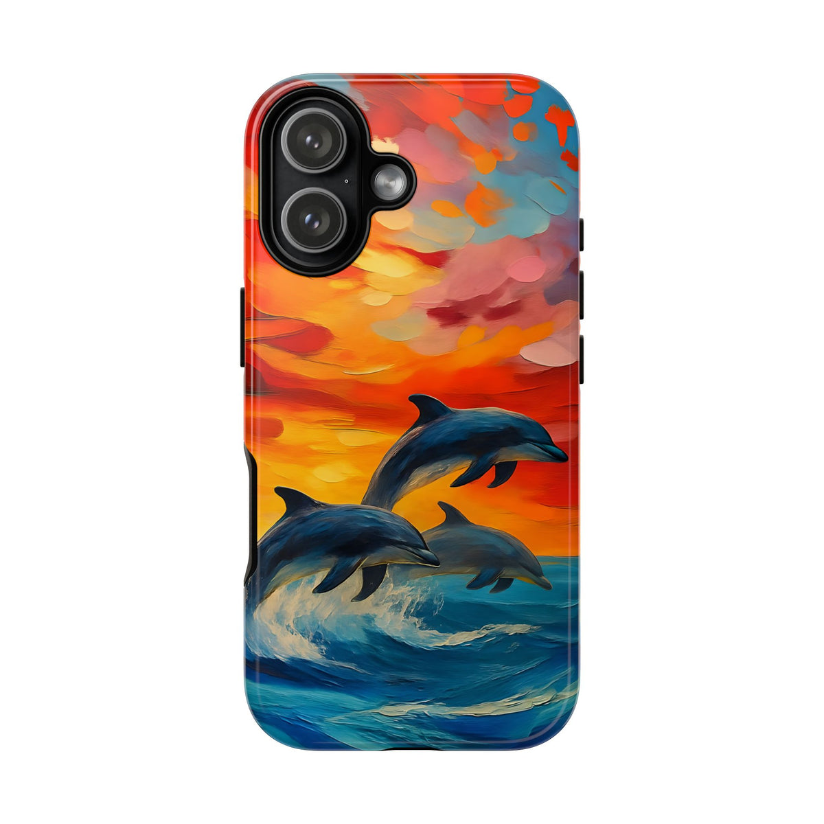 Ocean Scenery Tough Phone Case, Dolphin Phone Cover, Oil Painting, Sunset Sea Life Compatible with iPhone, Galaxy, Google