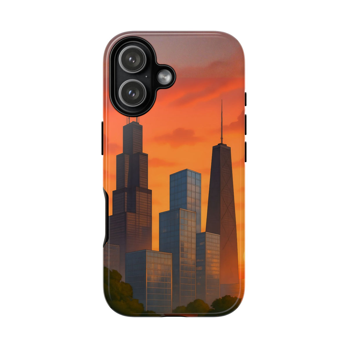 Cityscape Tough Phone Case, Chicago Skyline Phone Cover, Watercolor Design Compatible with iPhone, Galaxy & Google