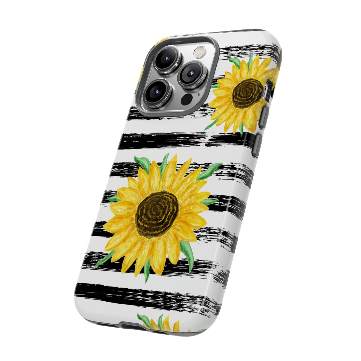 Sunflower Tough Phone Case - Bright Yellow Floral Art, Black and White Striped Aesthetic, Compatible with iPhone, Galaxy, and Google Phones