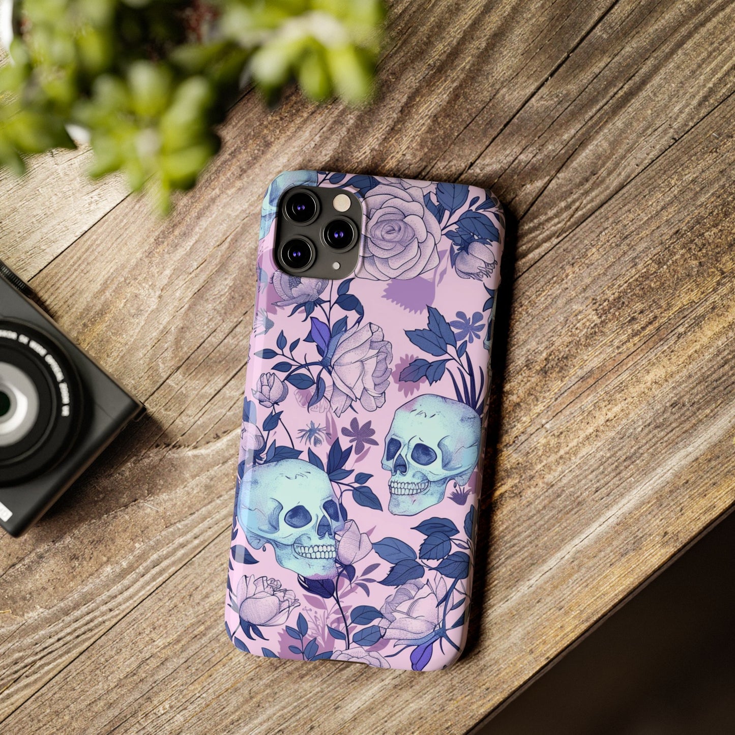 Floral Skull Slim Phone Case - Aesthetic, Trendy, Gift for Goth Lovers, Unique Phone Accessories, Floral Print, Halloween Decor