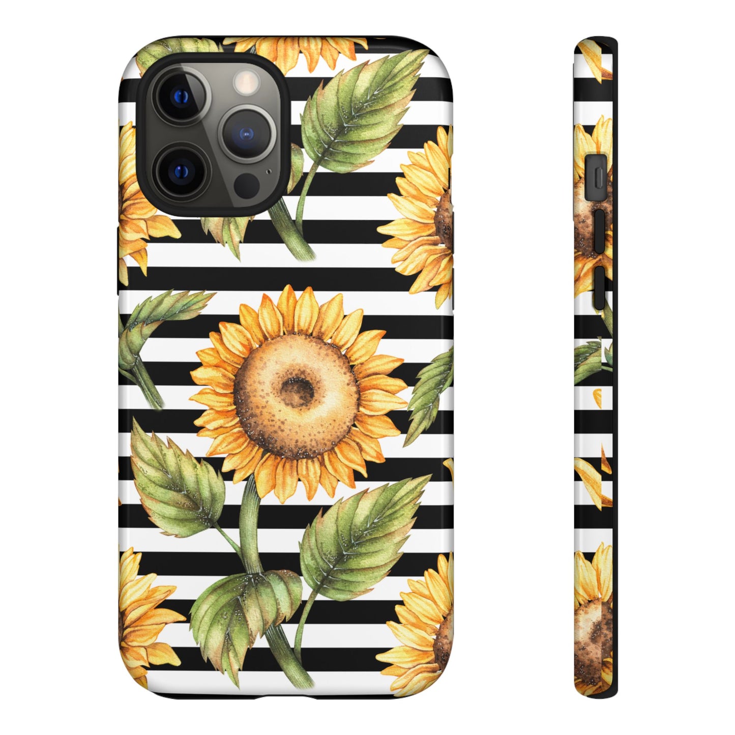 Sunflower Tough Phone Case - Bold Yellow Floral Art, Black and White Striped Aesthetic, Compatible with iPhone, Galaxy, and Google Phones