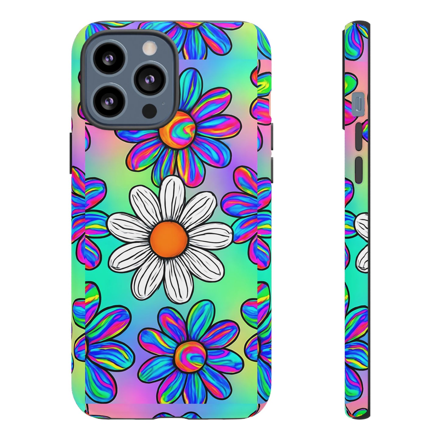 Trippy Daisy Tough Phone Case - Psychedelic Floral Design, Colorful Retro Aesthetic, Compatible with iPhone, Galaxy, and Google Phones