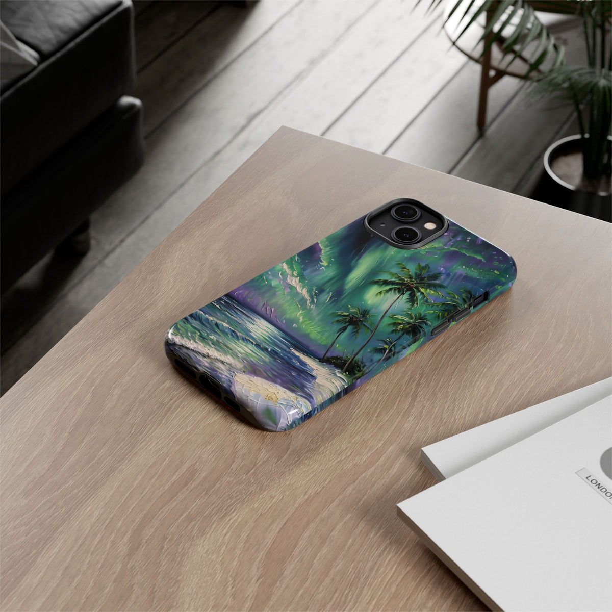 Tropical Beach Scenery Tough Phone Case, Oil Painting, Northern Lights Compatible with iPhone 17, 16, 15, 14, 13, Galaxy, Google