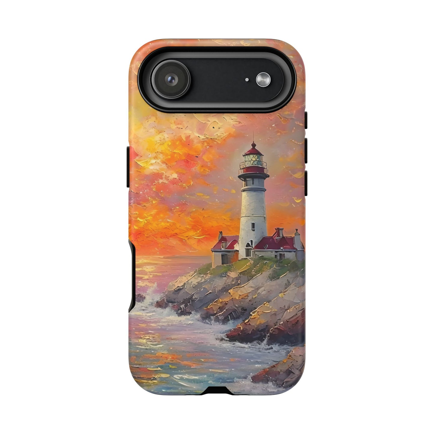 Lighthouse Ocean Scenery Tough Phone Case, Oil Painting, Sunset Coastal Compatible with iPhone 17, 16, 15, 14, 13, Galaxy, Google