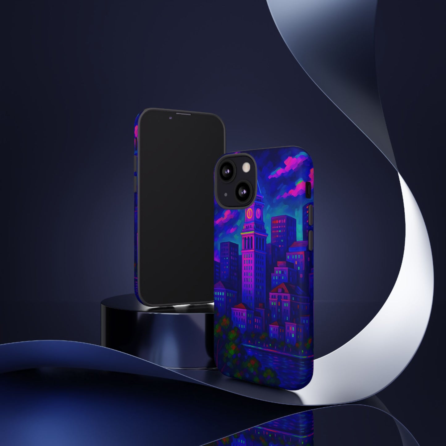 Boston Cityscape Tough Phone Case, Neon Night Skyline, Sunset Tower View Watercolor Urban Art, Compatible with iPhone, Galaxy, Google Phones