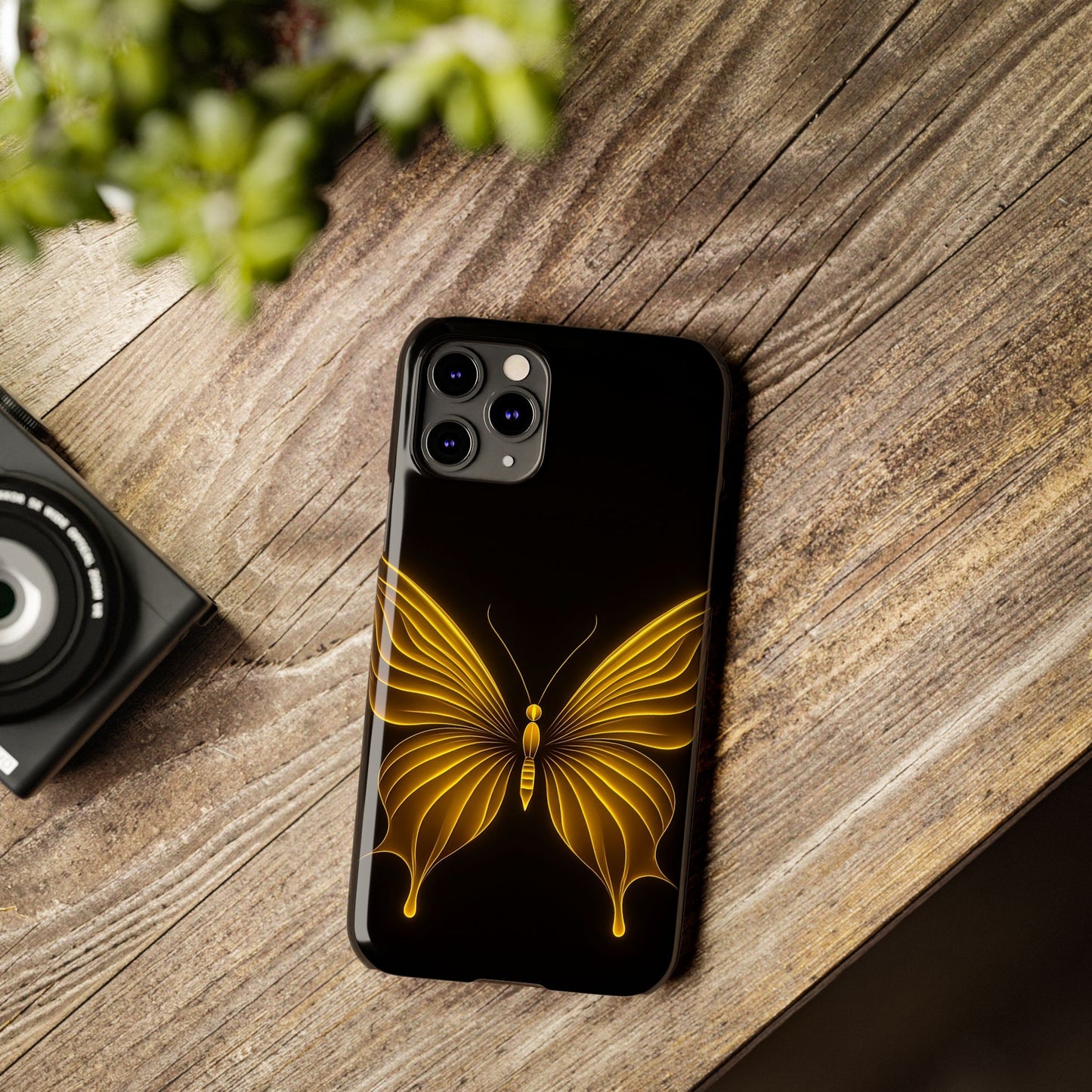 Golden Butterfly Phone Case, Elegant Insect Art, Black Aesthetic Slim Phone Case Compatible with iPhone, Galaxy, Google