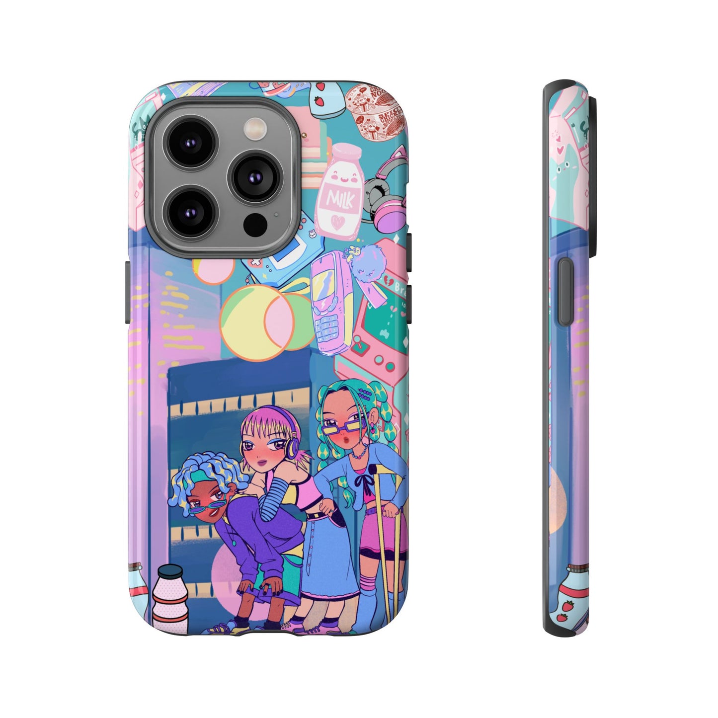 Y2K Anime Girl Tough Phone Case - Kawaii Vaporwave Style, Cute Maximalist Aesthetic, Compatible with iPhone, Galaxy, and Google Phones