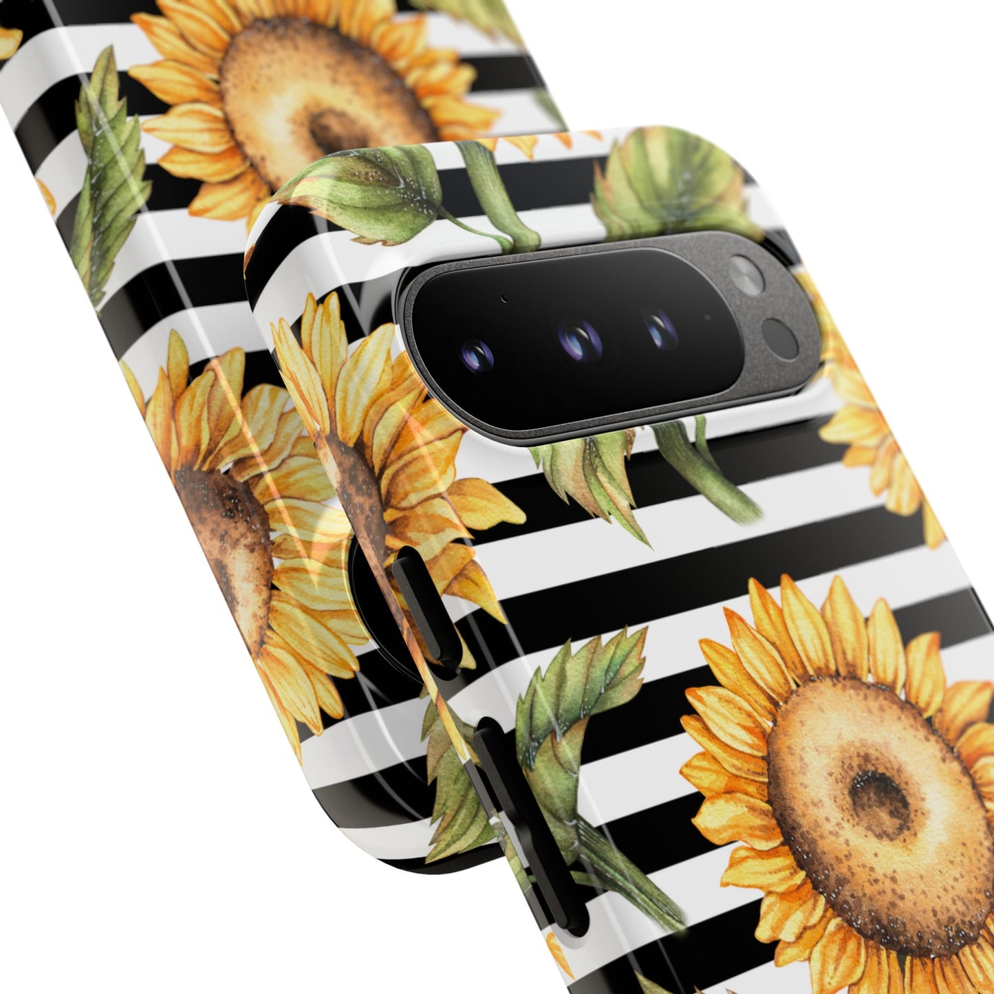 Sunflower Tough Phone Case - Bold Yellow Floral Art, Black and White Striped Aesthetic, Compatible with iPhone, Galaxy, and Google Phones