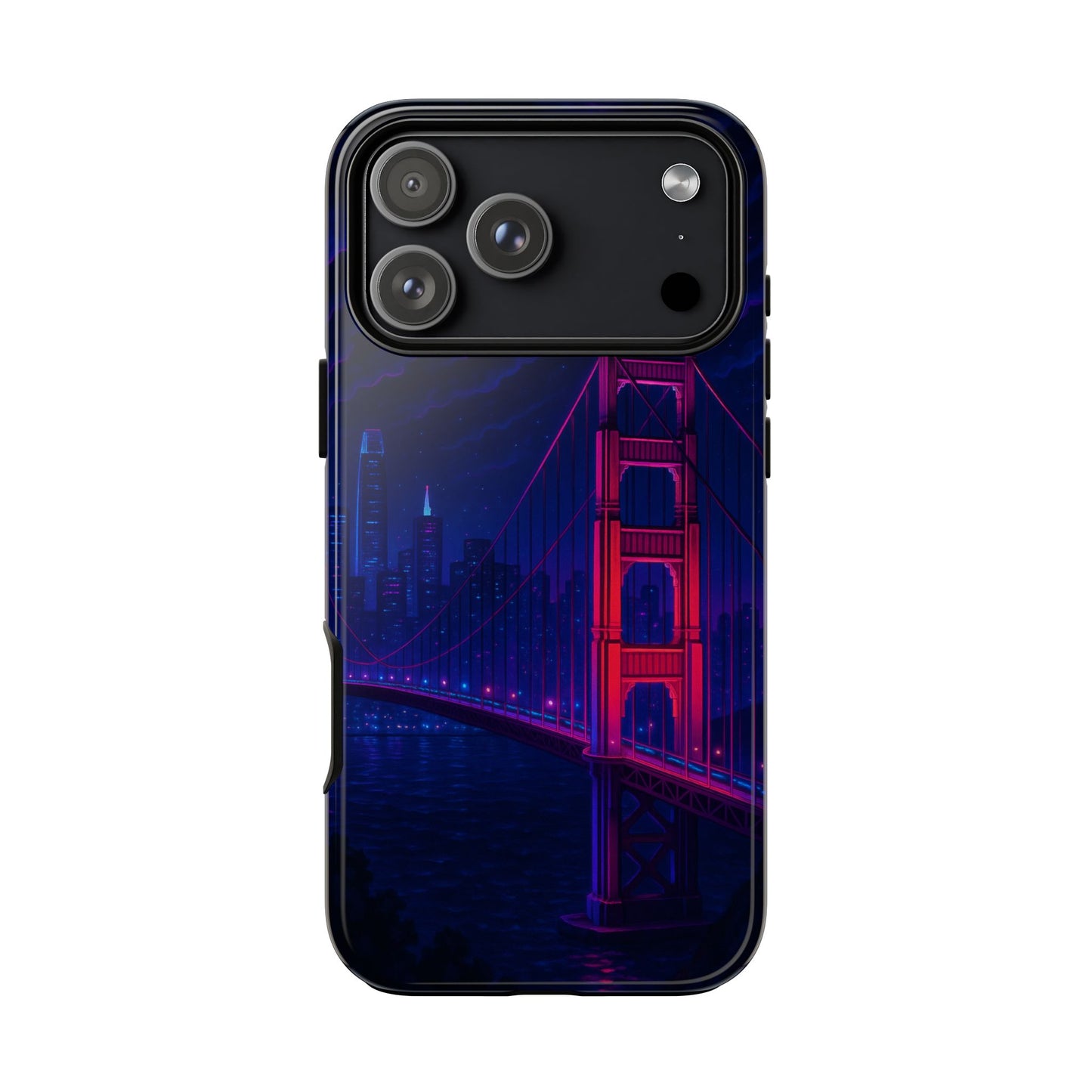 Cityscape Tough Phone Case, San Francisco Skyline Phone Cover, Neon Night Design Compatible with iPhone, Galaxy & Google