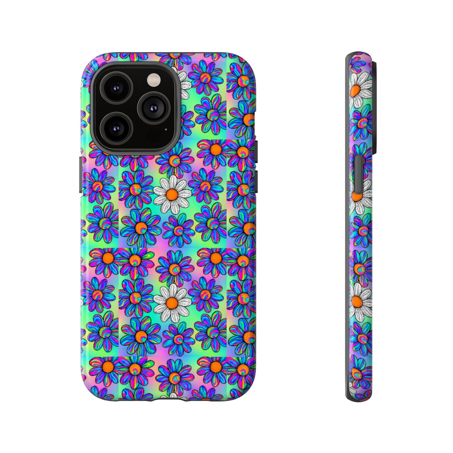 Trippy Daisy Tough Phone Case - Psychedelic Floral Aesthetic, Colorful Groovy Design, Compatible with iPhone, Galaxy, and Google Phones