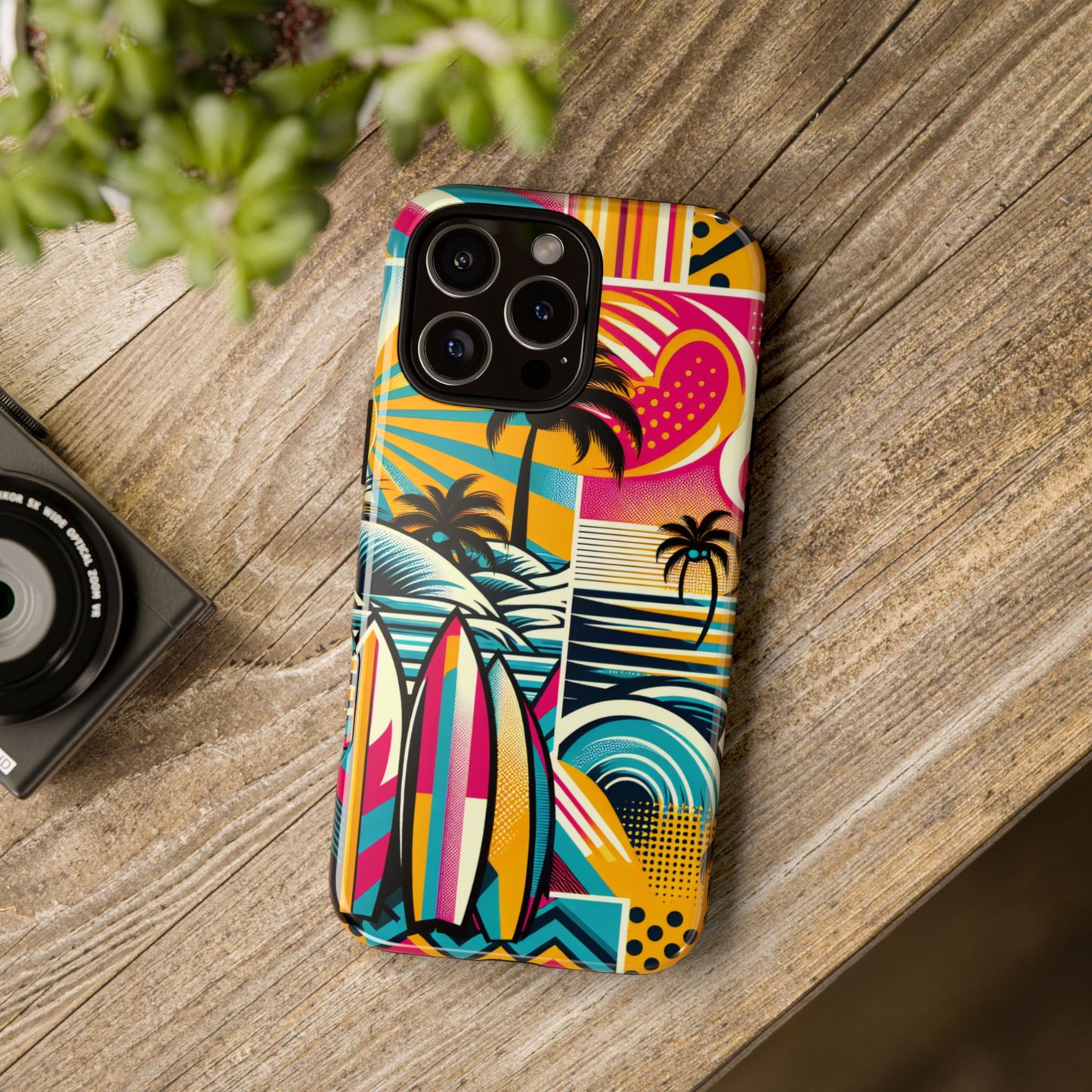 Surf Pop Phone Case - Colorful Retro Beach Vibe with Palm Trees and Surfboard compatible with iPhone, Samsung Galaxy and Pixel Summer Cover