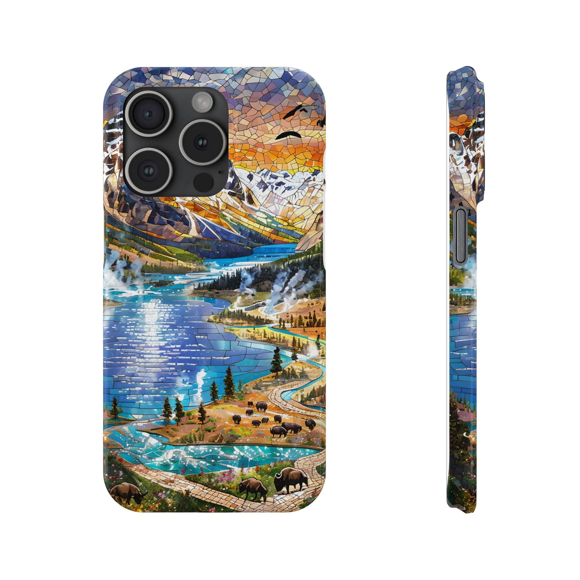 May include: A phone case featuring a mosaic-style landscape with a lake, mountains, and bison. The design incorporates shades of blue, green, orange, and brown, creating a vibrant and detailed image. The case has a glossy finish and a camera cutout.