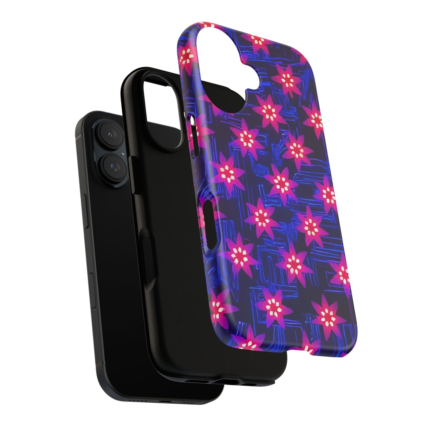 Neon Flower Tough Phone Case - Trippy Dark Floral Art, Electric Glow Aesthetic, Compatible with iPhone, Galaxy, and Google Phones