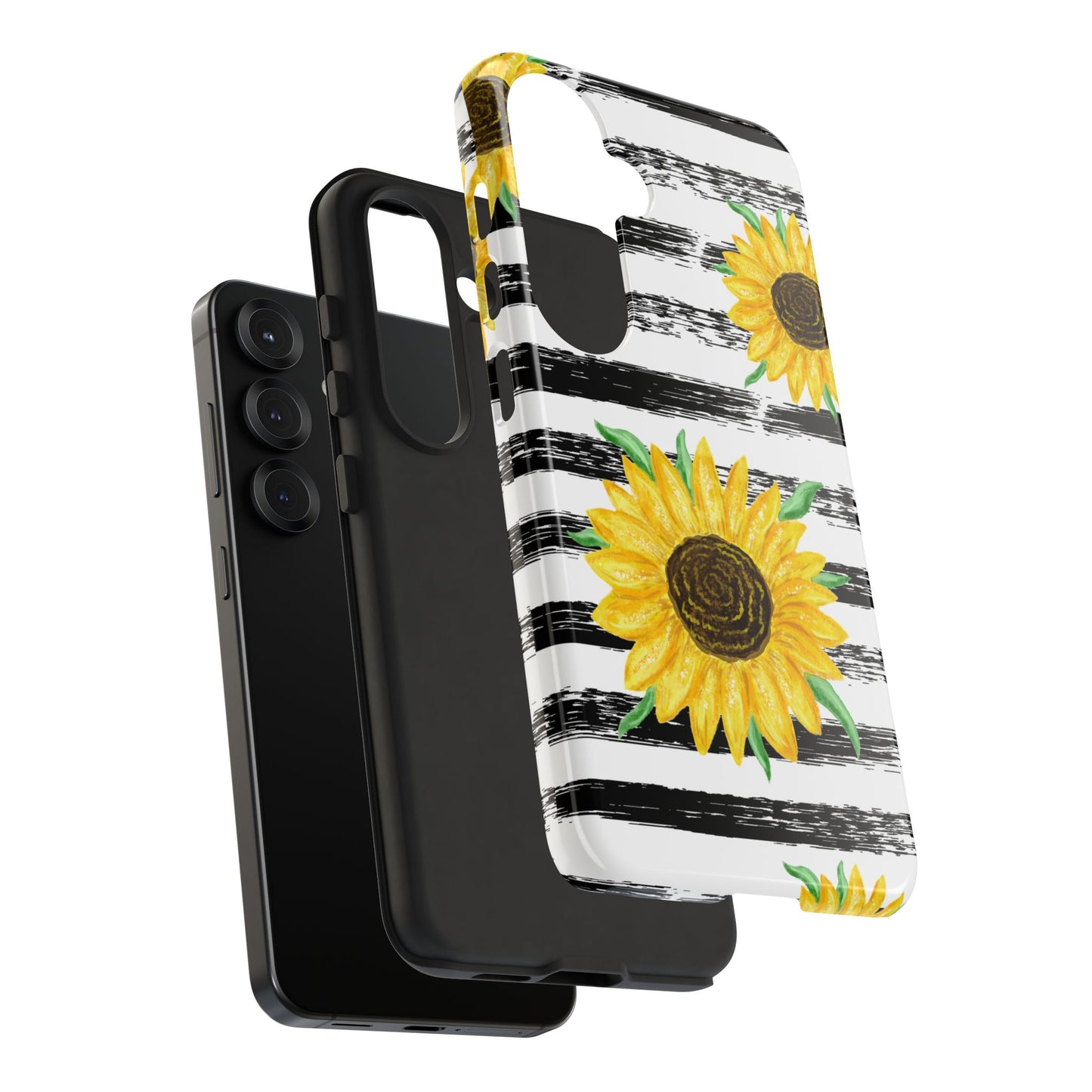Sunflower Tough Phone Case - Bright Yellow Floral Art, Black and White Striped Aesthetic, Compatible with iPhone, Galaxy, and Google Phones