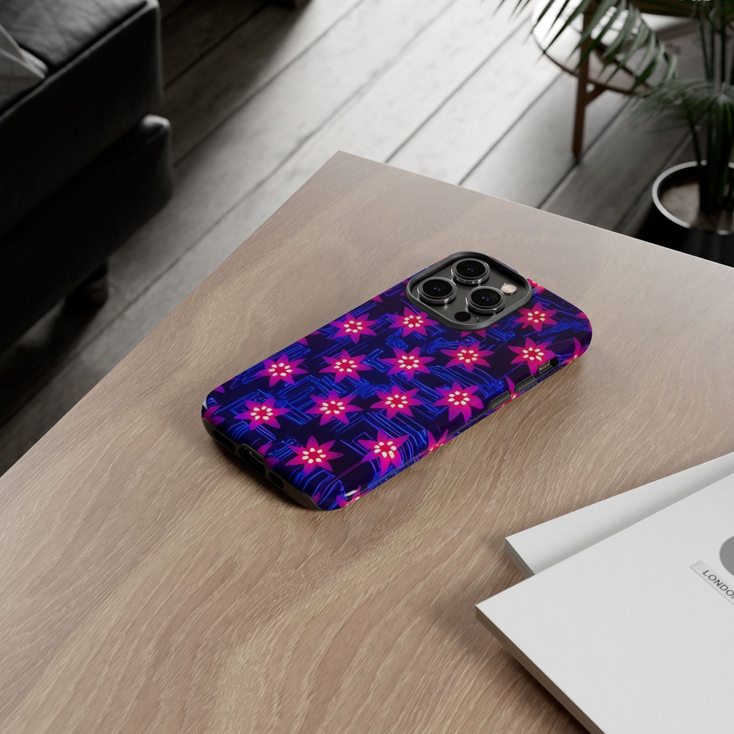 Neon Flower Tough Phone Case - Trippy Dark Floral Art, Electric Glow Aesthetic, Compatible with iPhone, Galaxy, and Google Phones