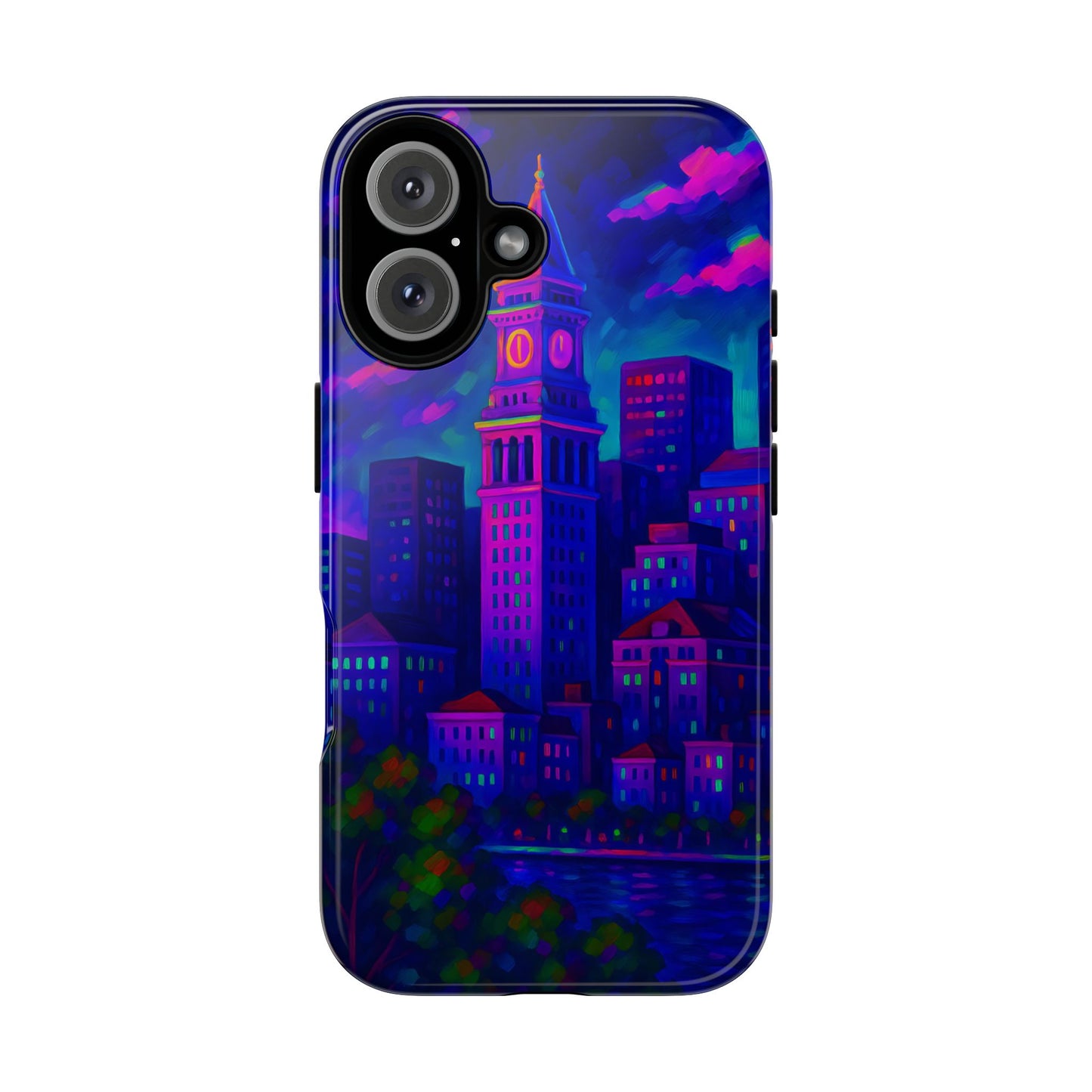 Boston Cityscape Tough Phone Case, Neon Night Skyline, Sunset Tower View Watercolor Urban Art, Compatible with iPhone, Galaxy, Google Phones